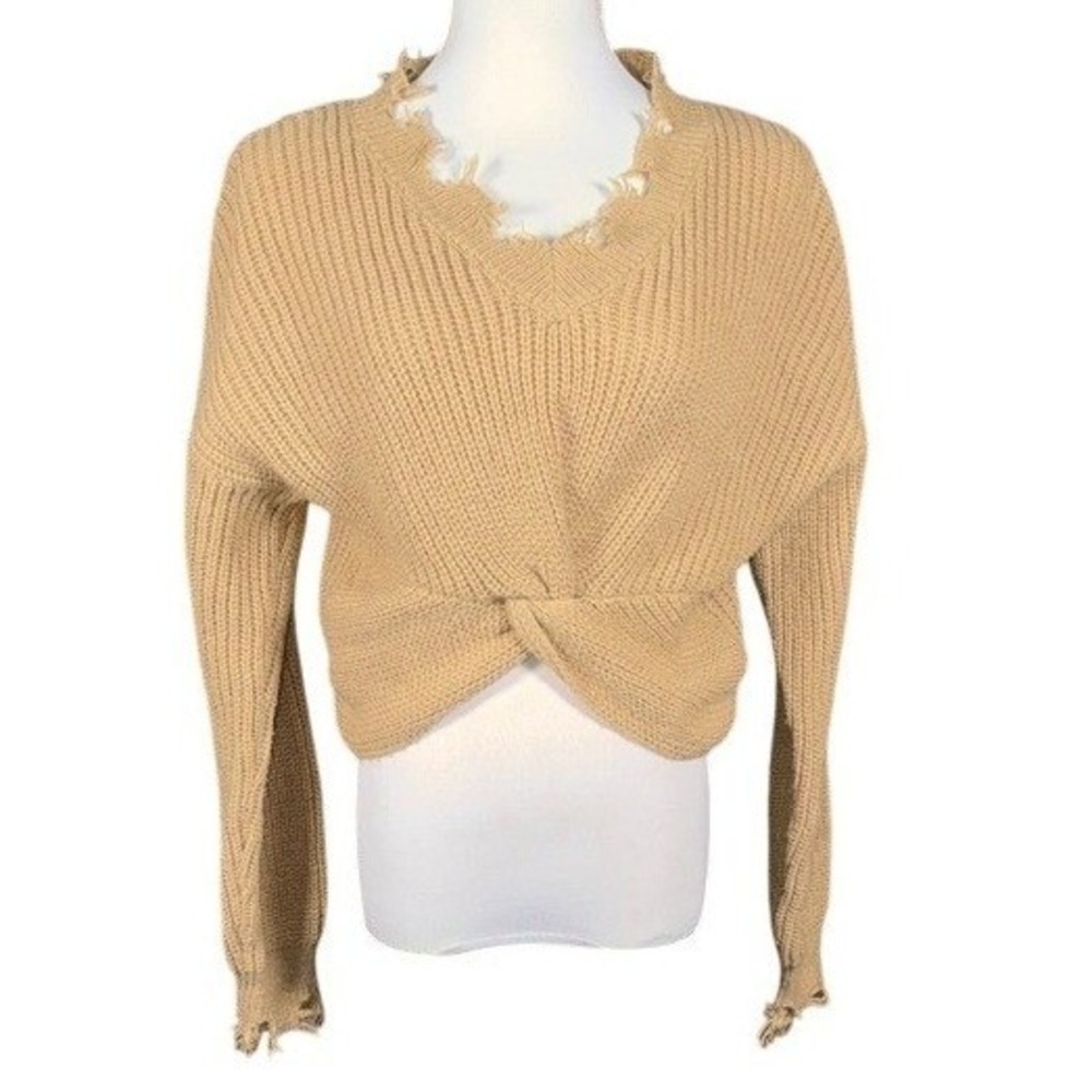 Almost Famous Sweater Womens XL RAE5072BU Tan‎ Distressed Twist Front Ribbed
